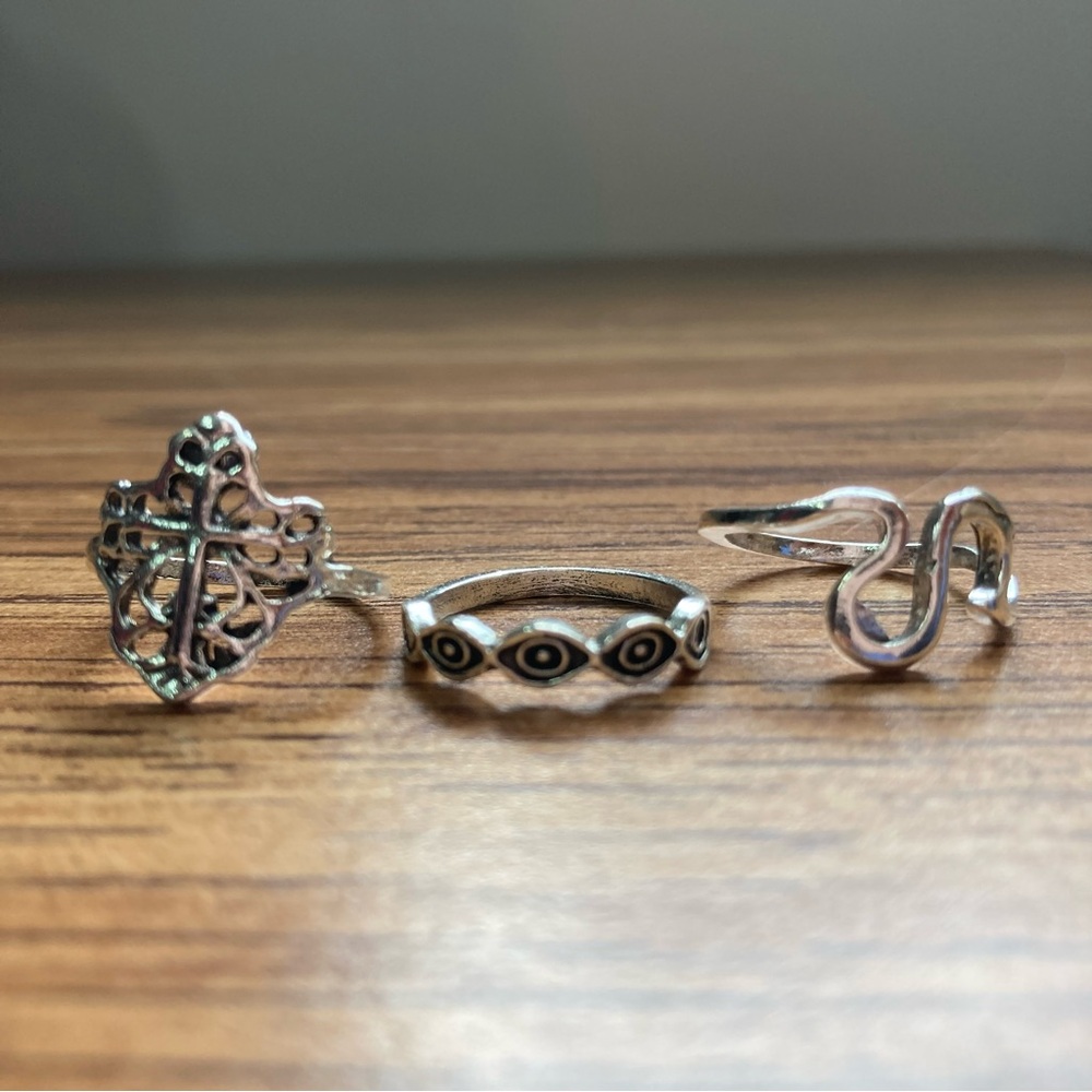 3 NIB 3 C.C. Silver Trio: Filigree Cross, Evil Eye & Snake Wrap Rings